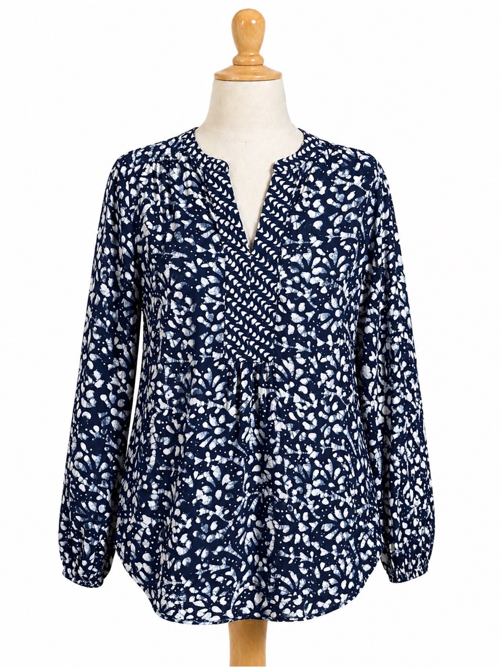 LOFT Navy White Print Blouse | Split Neck‎ Boho Top | Long Sleeve Flowy Size XS